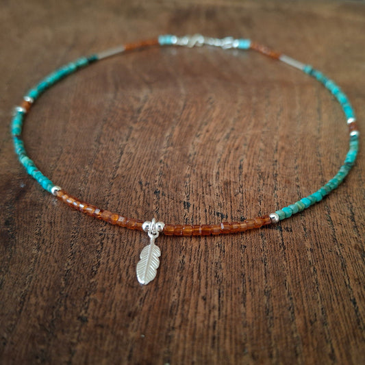 Chrysocolla and Hessonite Garnet Silver Feather Necklace 2