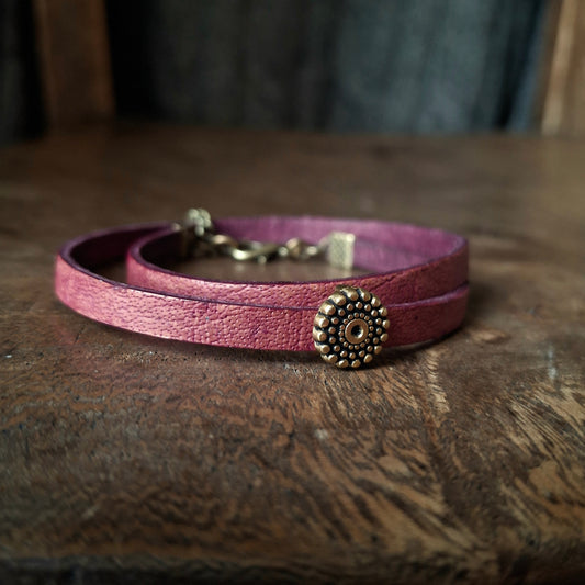 Plum Coloured Leather Wrap Bracelet with Antique Gold Mandala Charm