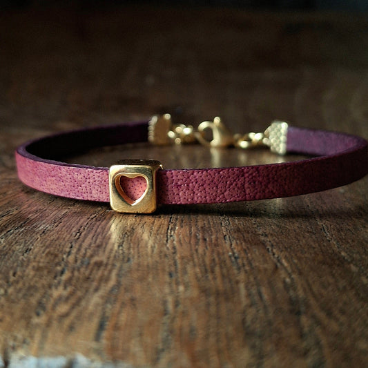 Plum Coloured Leather Bracelet with Gold Square Heart Charm
