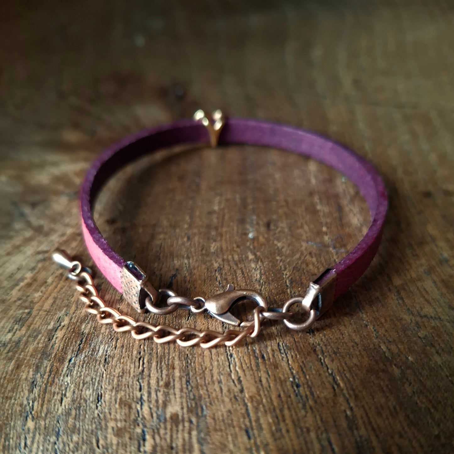 Plum Coloured Leather Bracelet with Red Gold Heart Bead