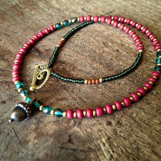 Autumnal Acorn Necklace with Vibrant Coloured Seed Beads