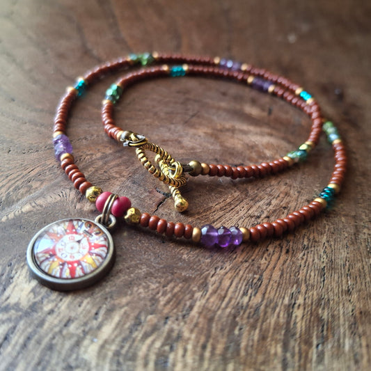 Harlequin Compass Charm Necklace with Vibrant Coloured Seed Beads
