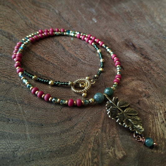 Autumnal Leaf Necklace with Vibrant Coloured Seed Beads