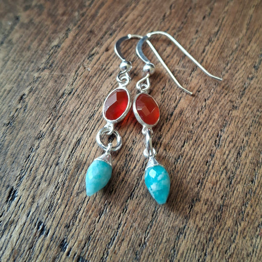 Autumn Glow Gemstone Silver Earrings with Carnelian and Amazonite