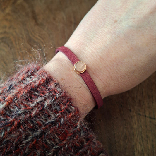 Plum Coloured Leather Bracelet with Dusky Pink Stone and Copper Clasp