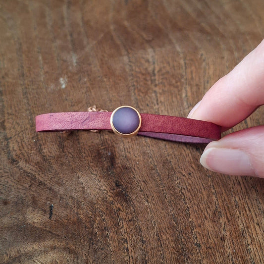 Plum Coloured Leather Bracelet with Navy Blue Stone and Copper Clasp