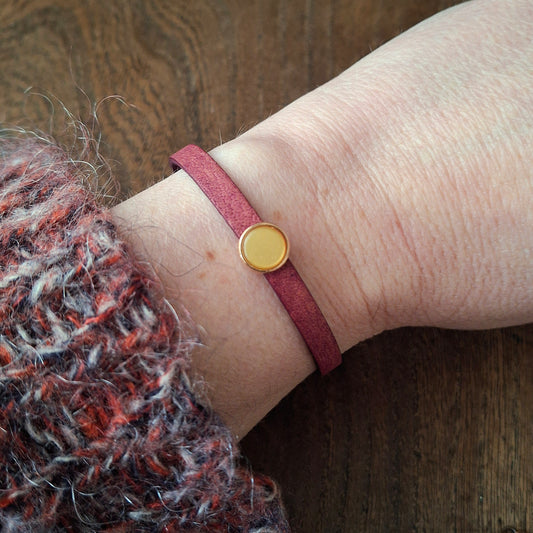 Plum Coloured Leather Bracelet with Mustard Yellow Stone and Copper Clasp