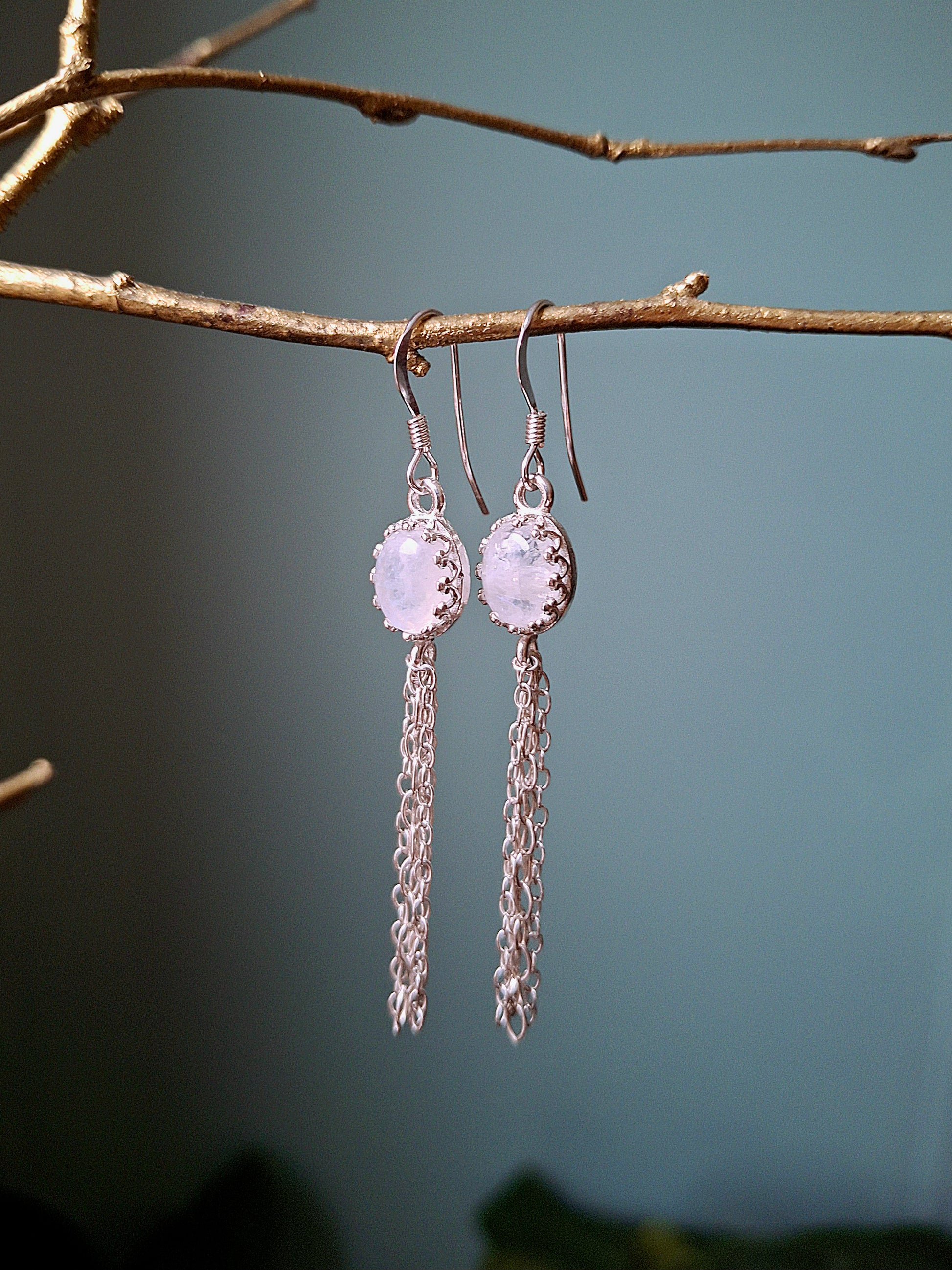 Moonstone Silver Tassel Ear Dangles, Boho Earrings - Irmy Creations