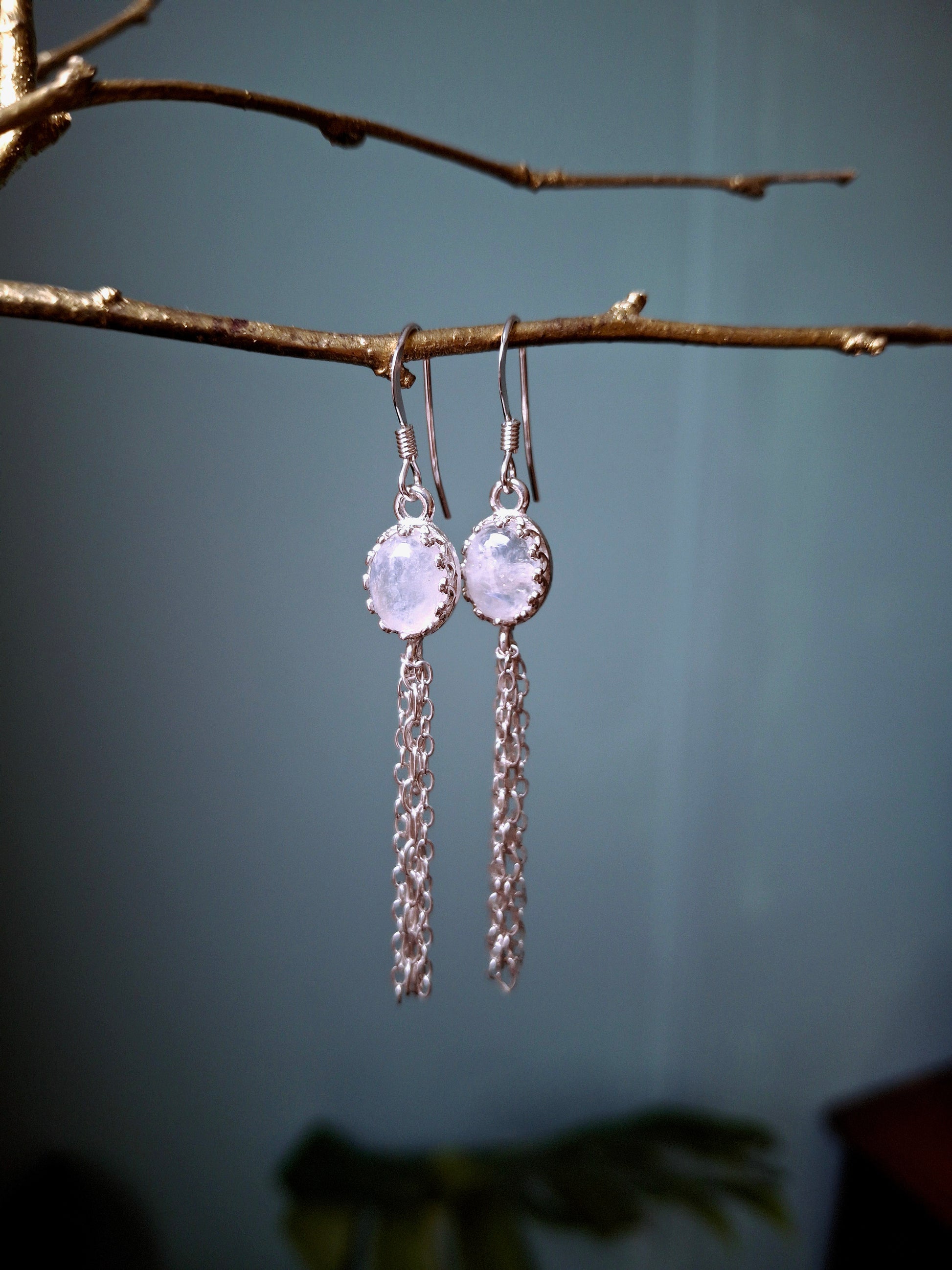 Moonstone Silver Tassel Ear Dangles, Boho Earrings - Irmy Creations