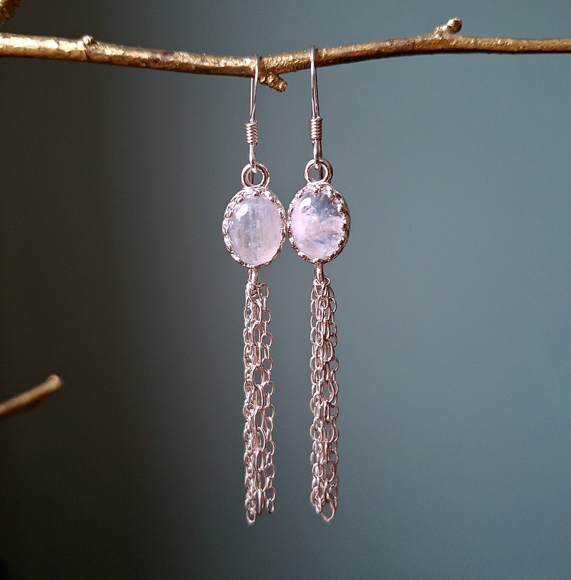 Moonstone Silver Tassel Ear Dangles, Boho Earrings - Irmy Creations