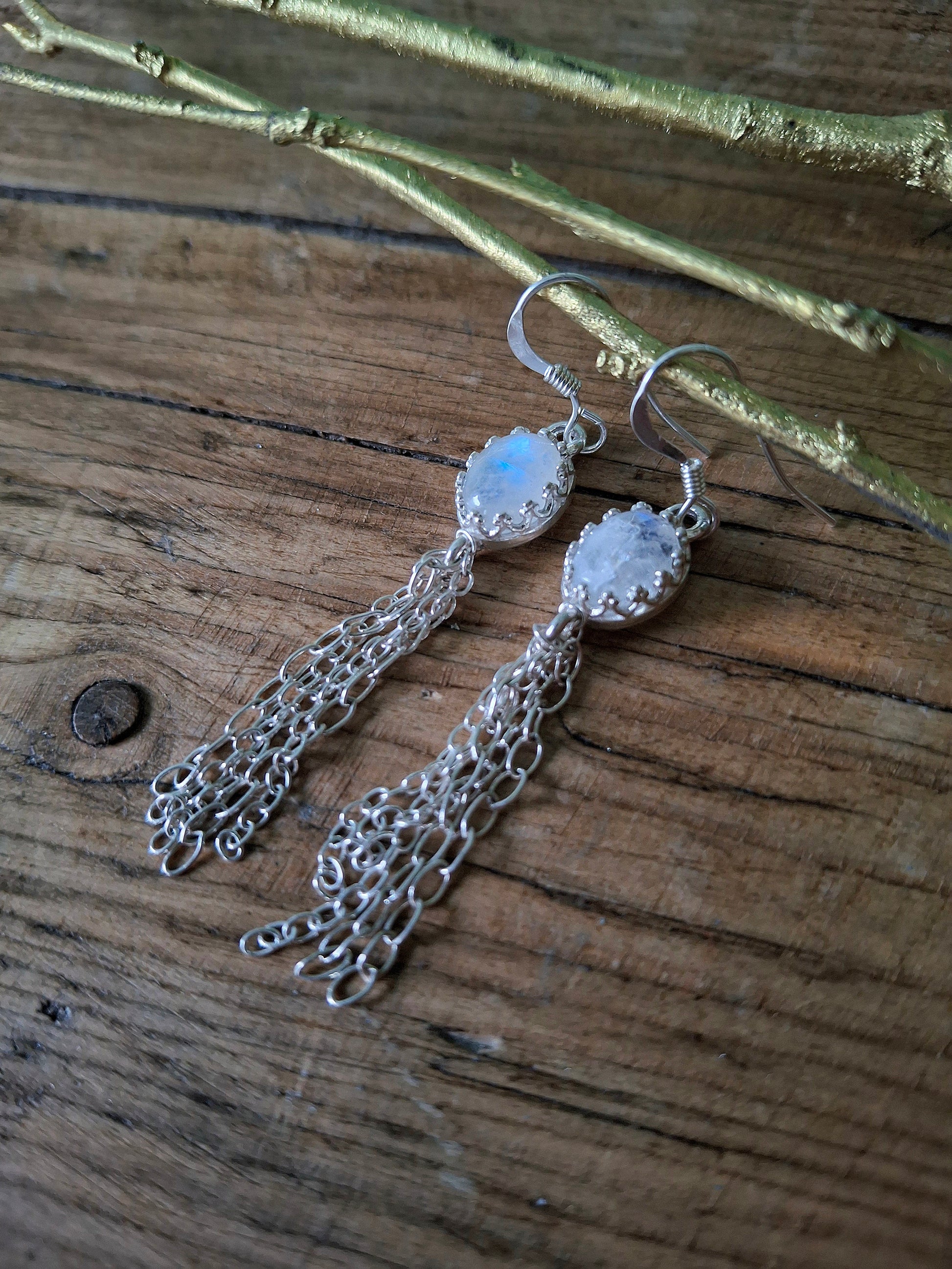 Moonstone Silver Tassel Ear Dangles, Boho Earrings - Irmy Creations
