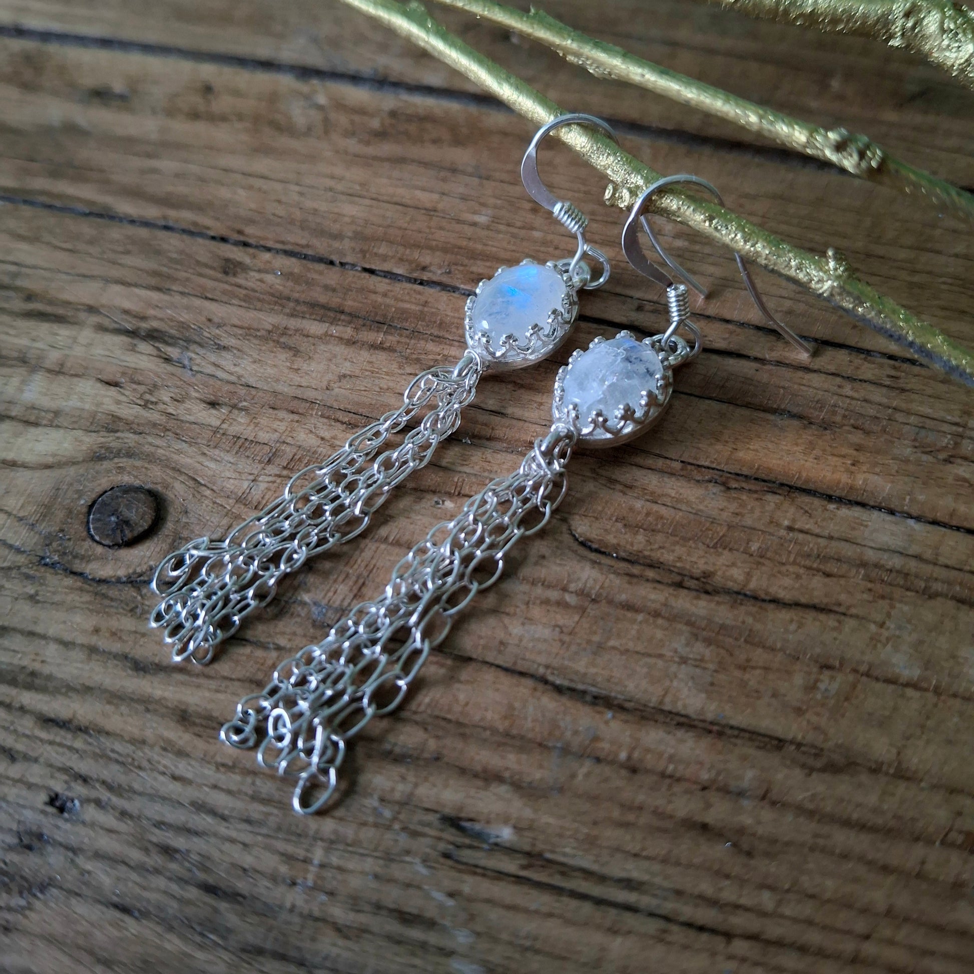 Moonstone Silver Tassel Ear Dangles, Boho Earrings - Irmy Creations