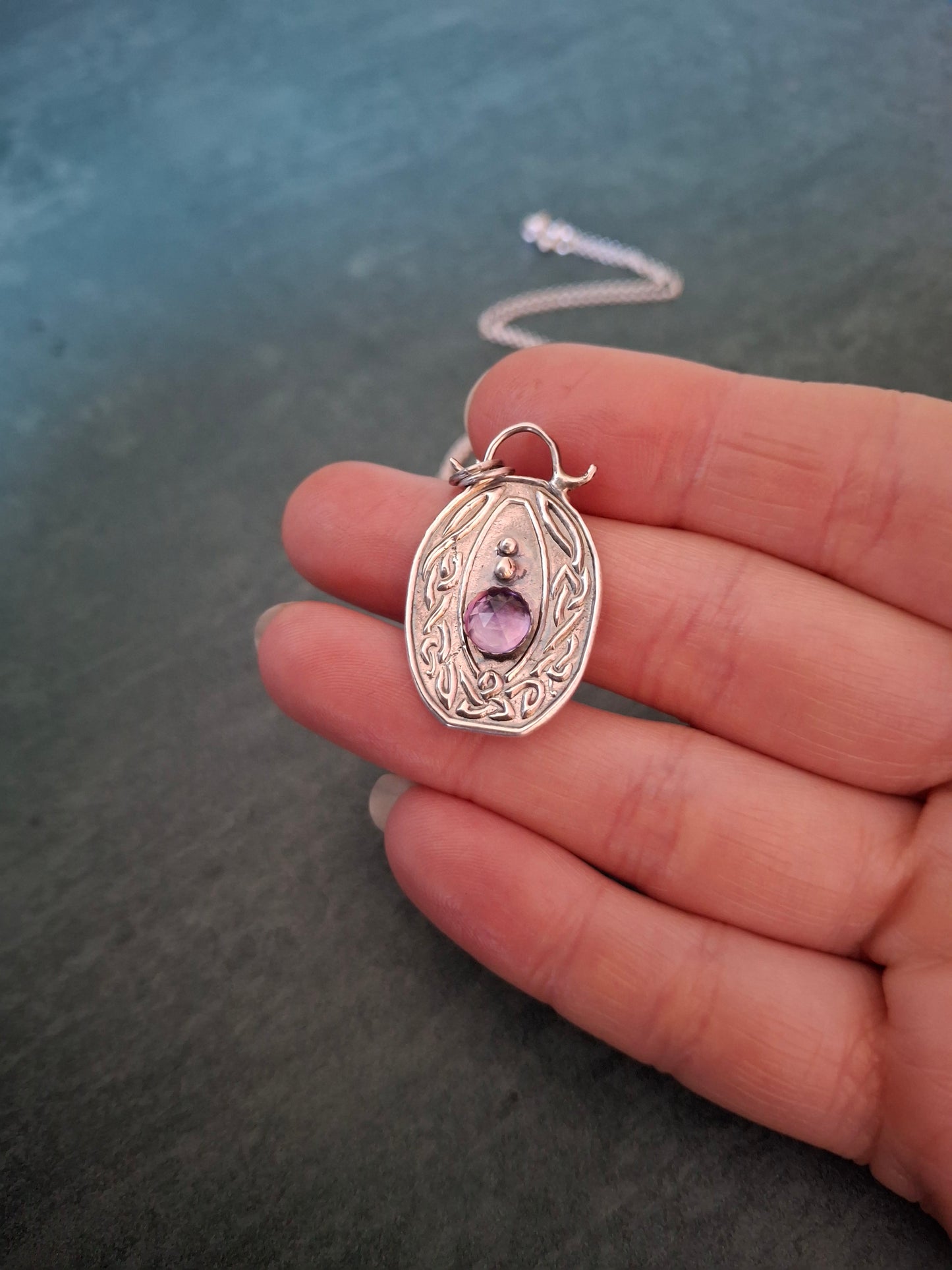 Celtic Birthstone Necklace, Amethyst February - handmade silver pendant, pagan, Irish