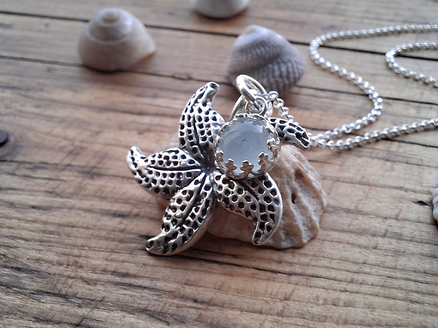 Starfish Charm Necklace with Aquamarine