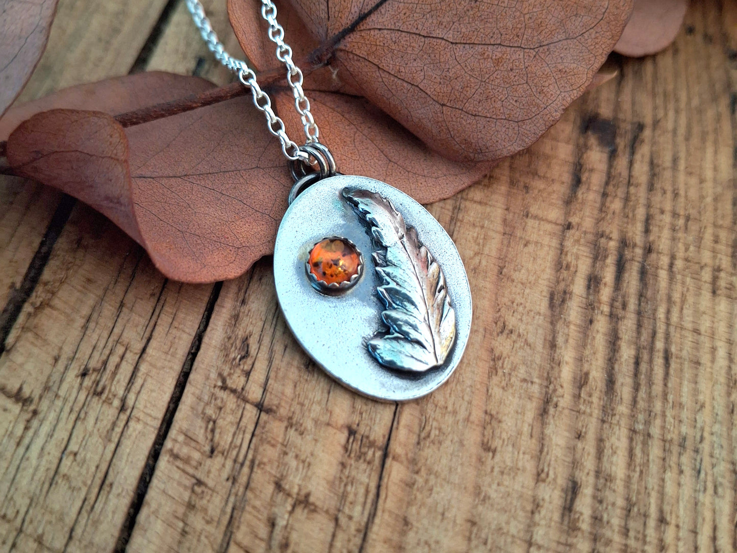 Real Fern Leaf with Amber, Oval Pendant Necklace