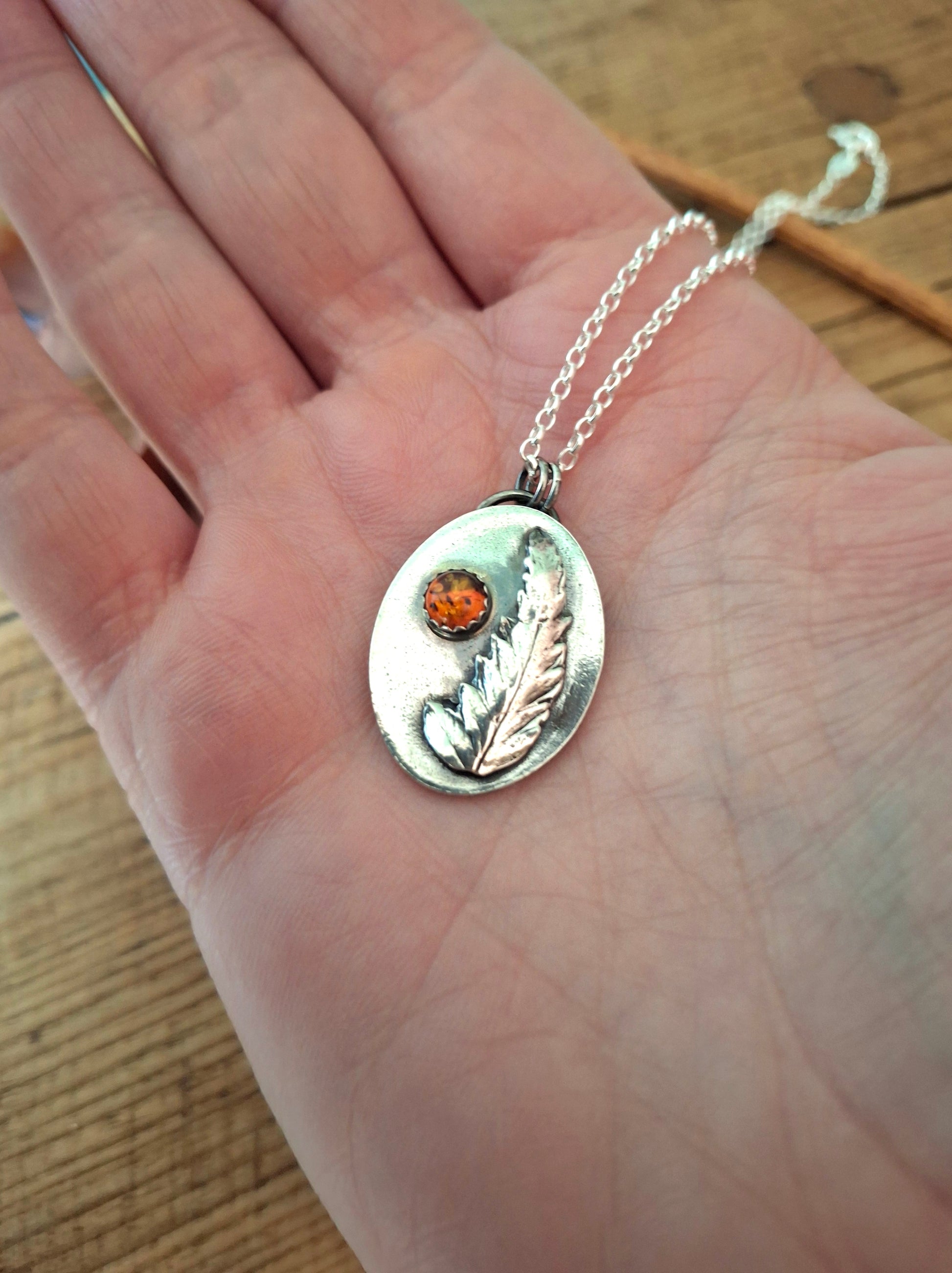Real Fern Leaf with Amber, Oval Pendant Necklace - Irmy Creations