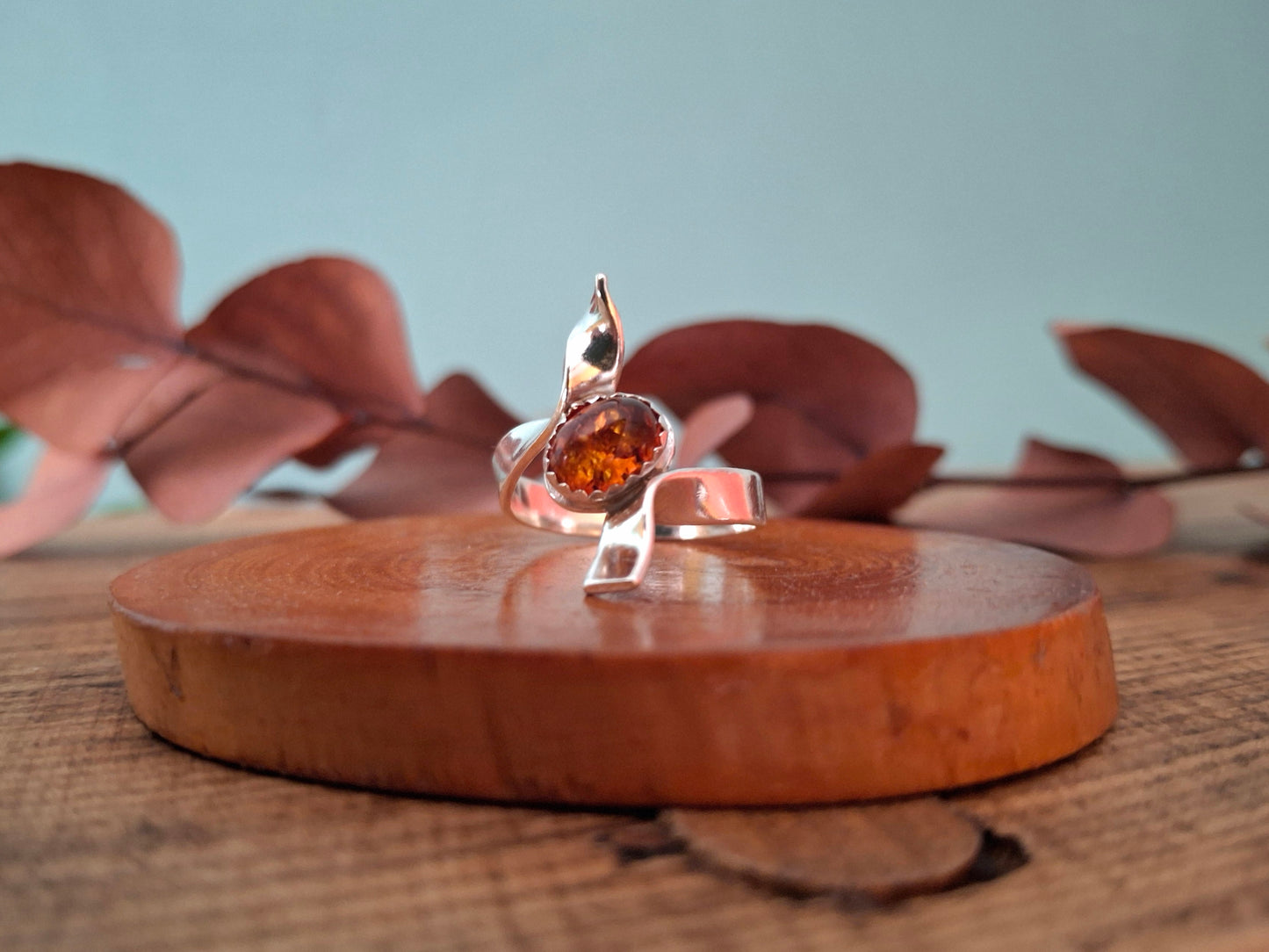 Wavy Silver Ring with Amber, UK size P½