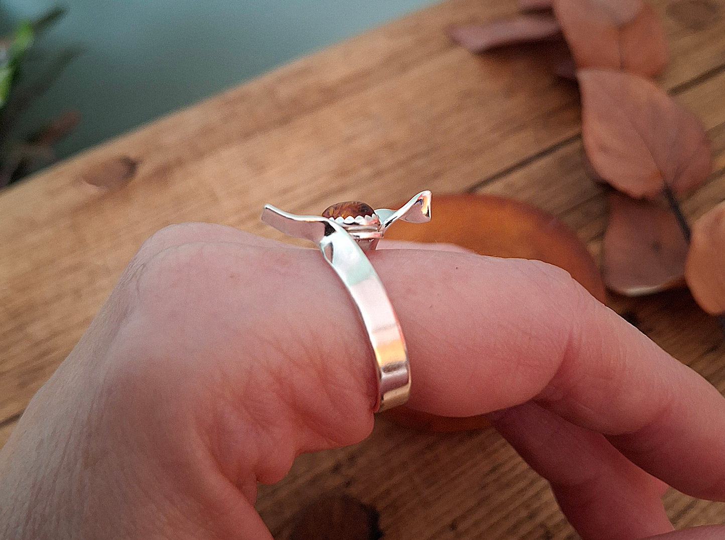 Wavy Silver Ring with Amber, UK size P½