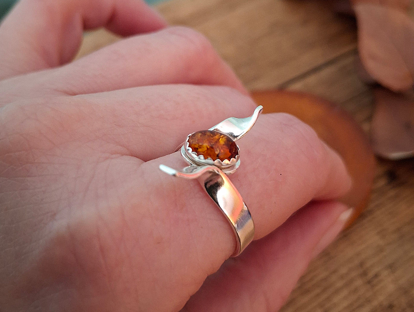 Wavy Silver Ring with Amber, UK size P½