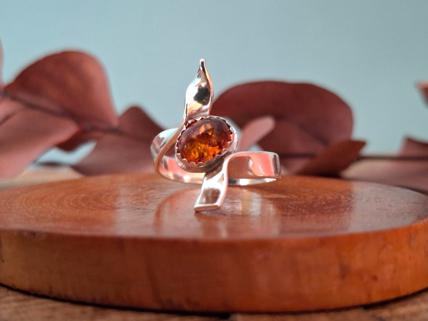 Wavy Silver Ring with Amber, UK size P½