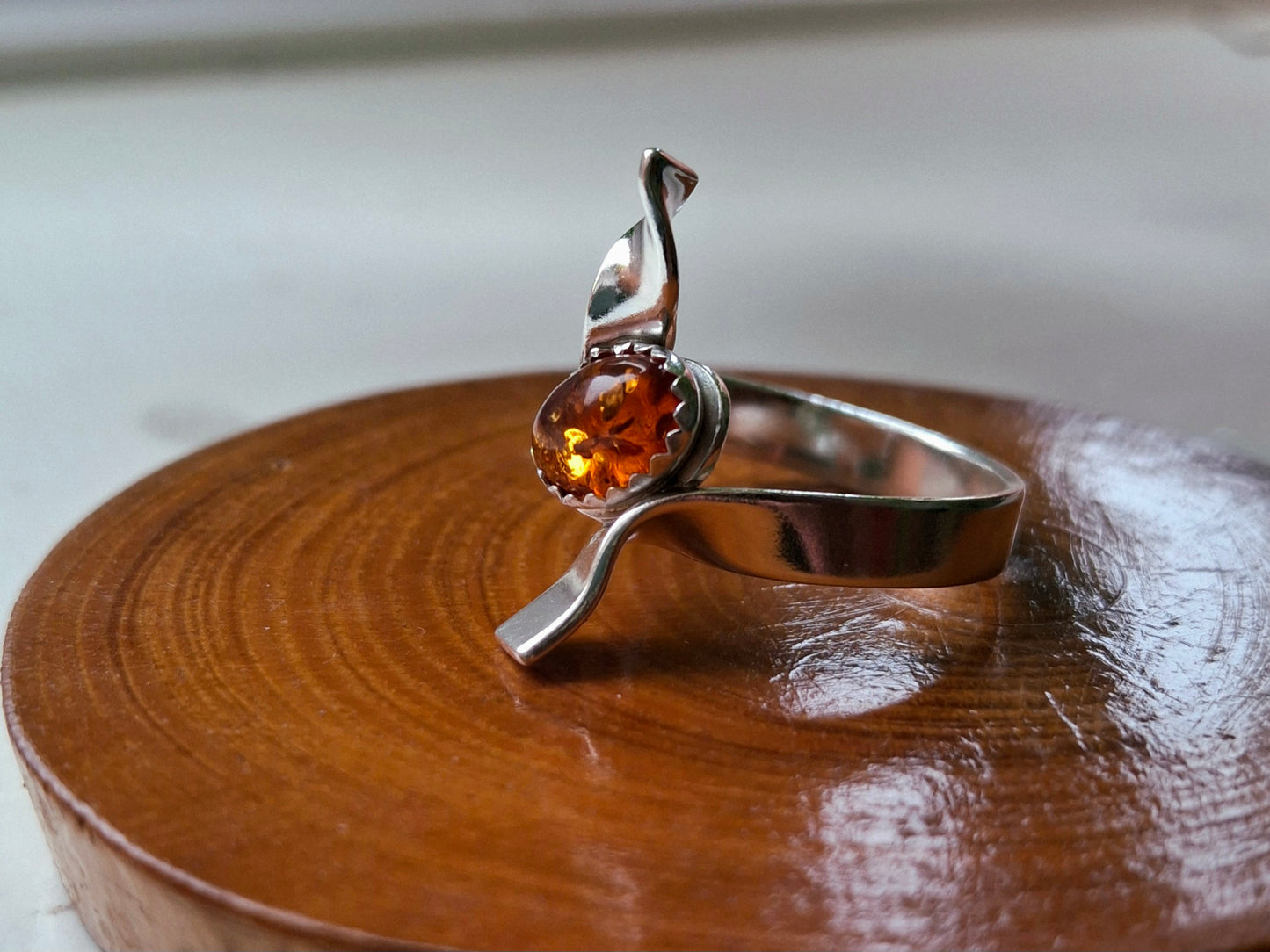 Wavy Silver Ring with Amber, UK size P½