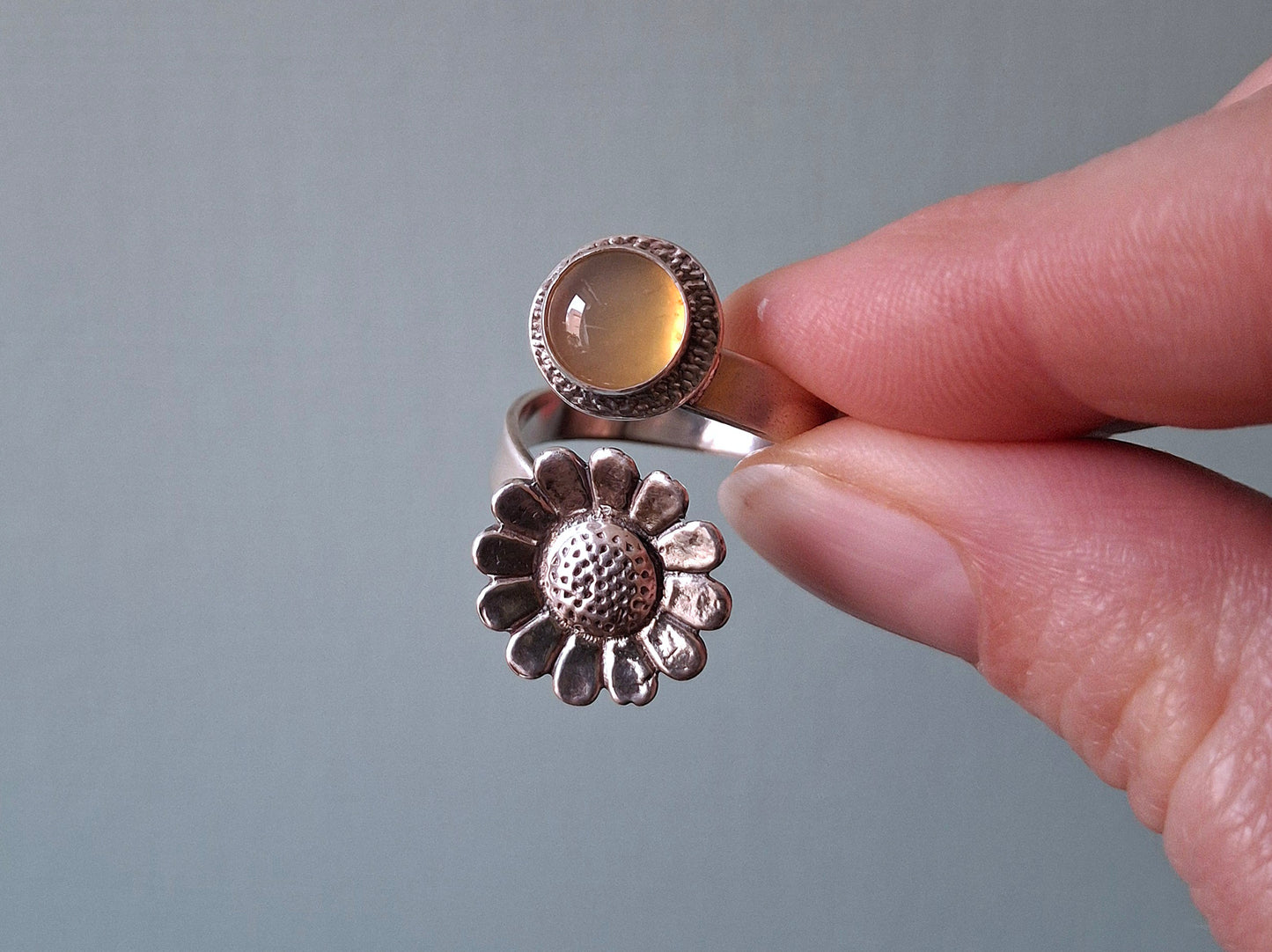 Daisy Statement Ring with yellow opalite, Open Adjustable