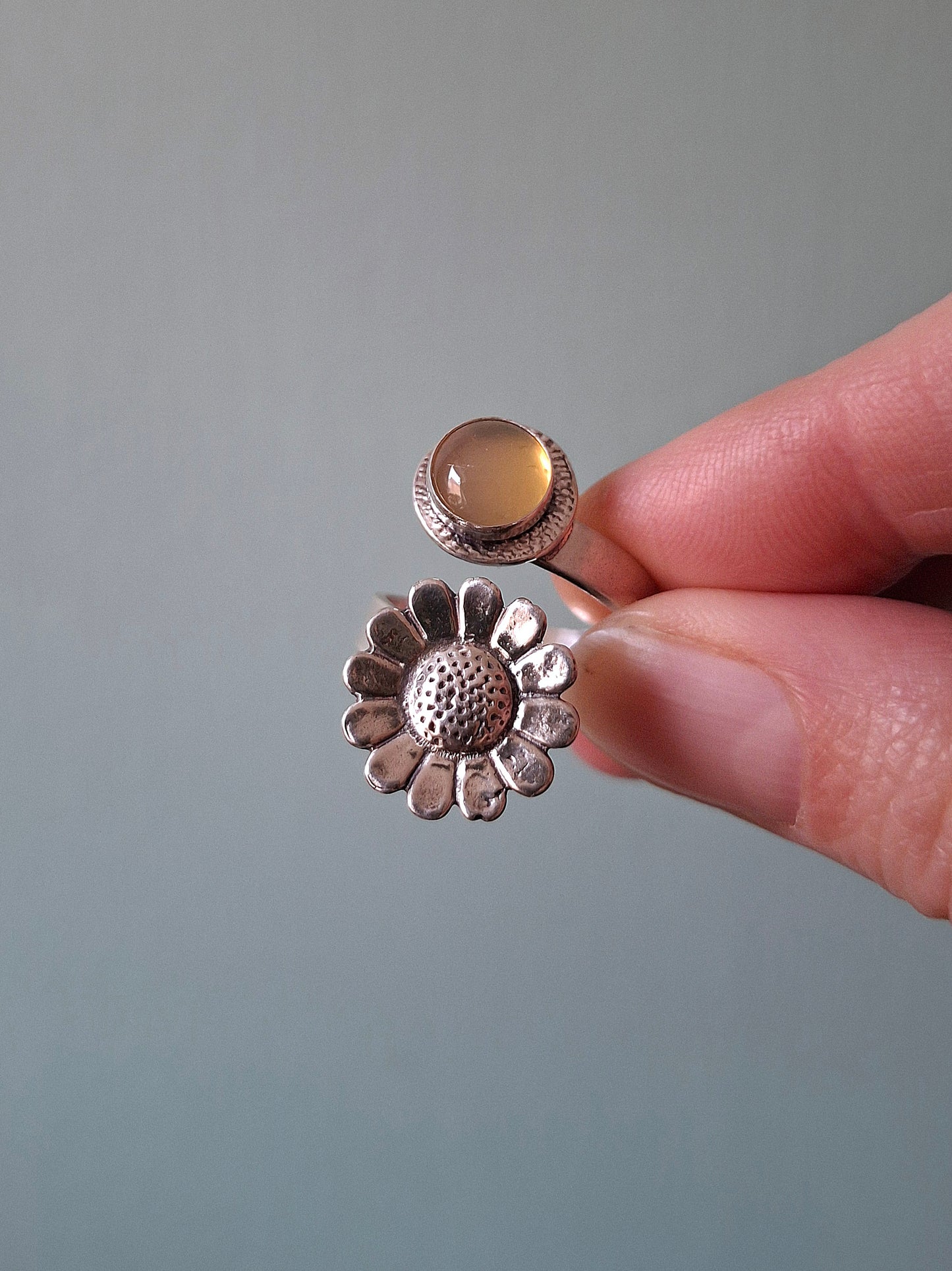 Daisy Statement Ring with yellow opalite, Open Adjustable