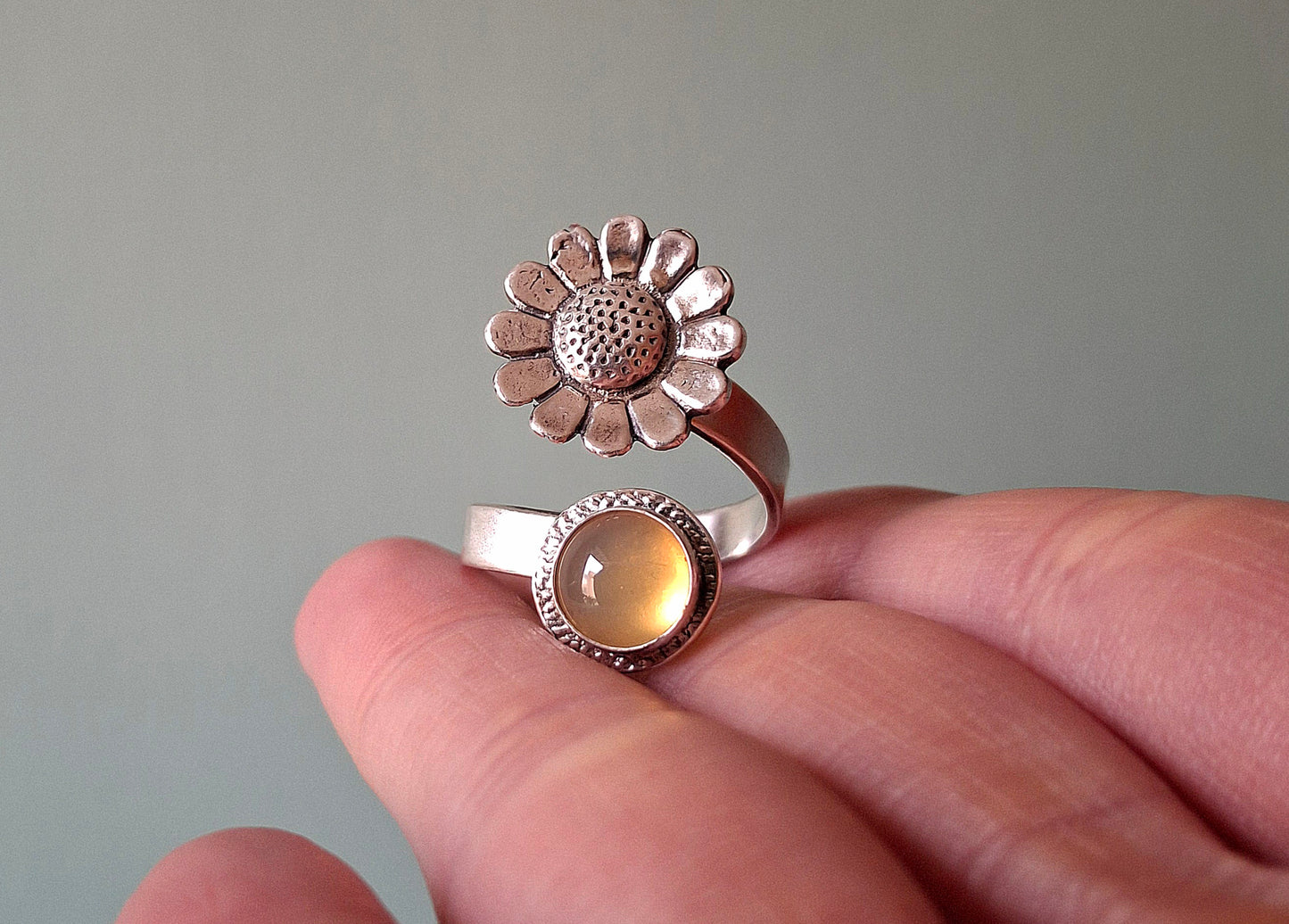 Daisy Statement Ring with yellow opalite, Open Adjustable