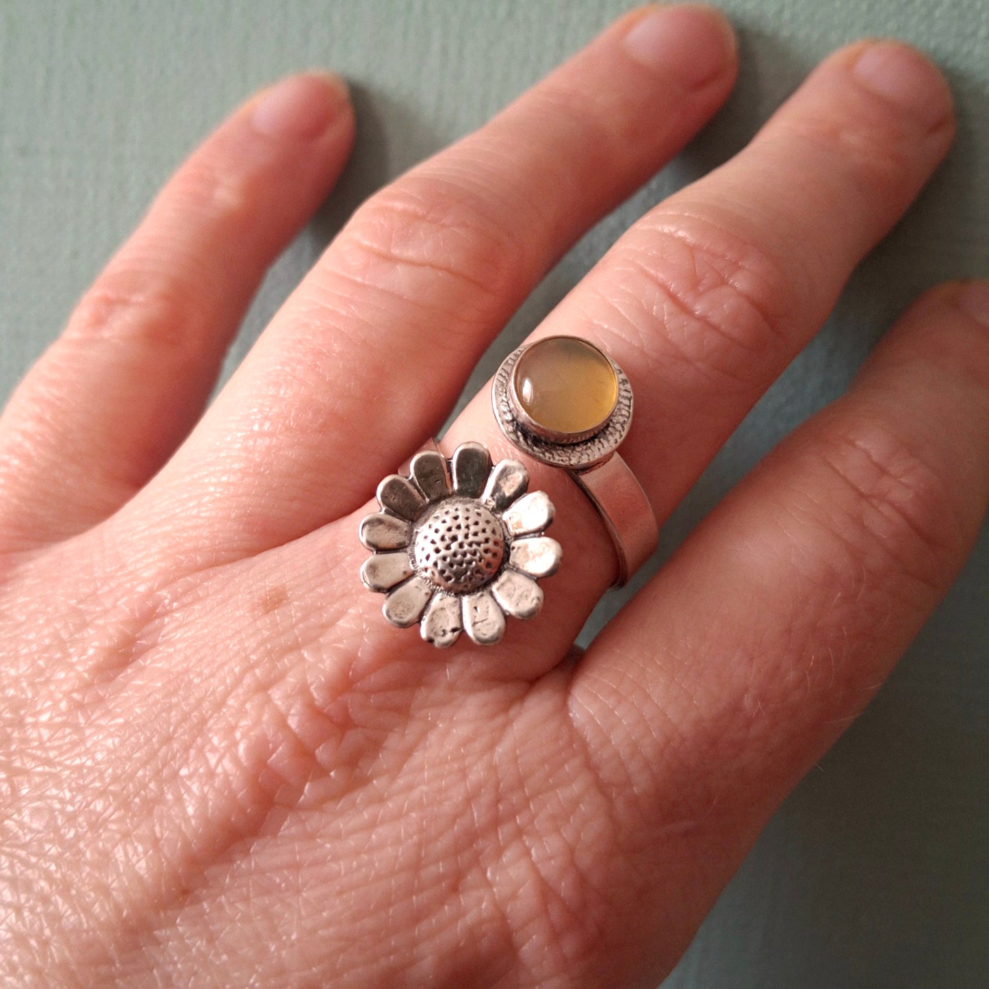 Daisy Statement Ring with yellow opalite, Open Adjustable