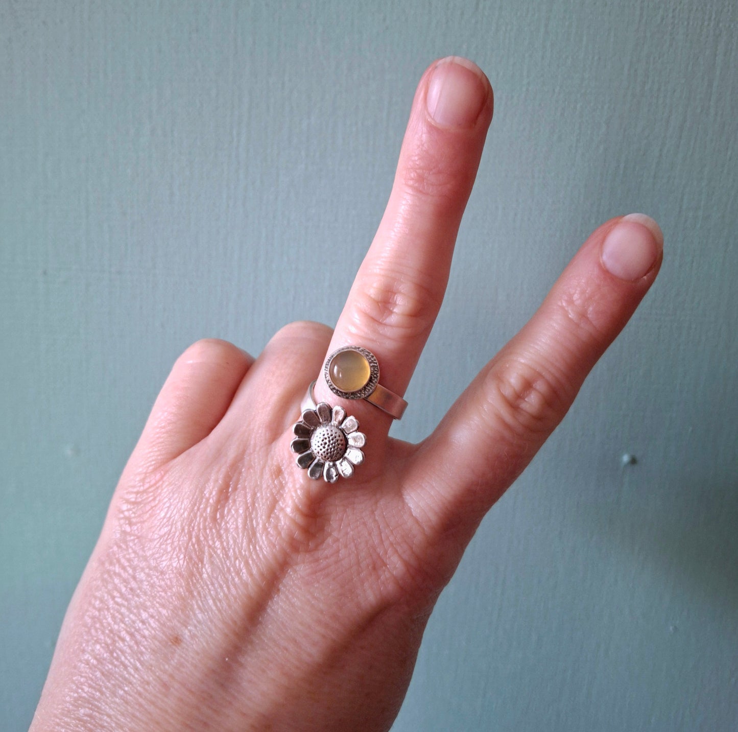 Daisy Statement Ring with yellow opalite, Open Adjustable