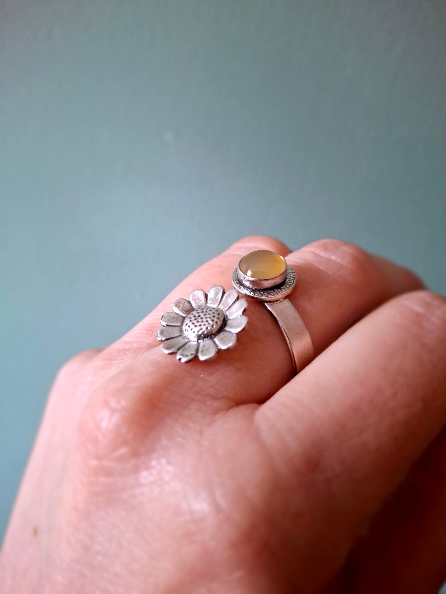 Daisy Statement Ring with yellow opalite, Open Adjustable