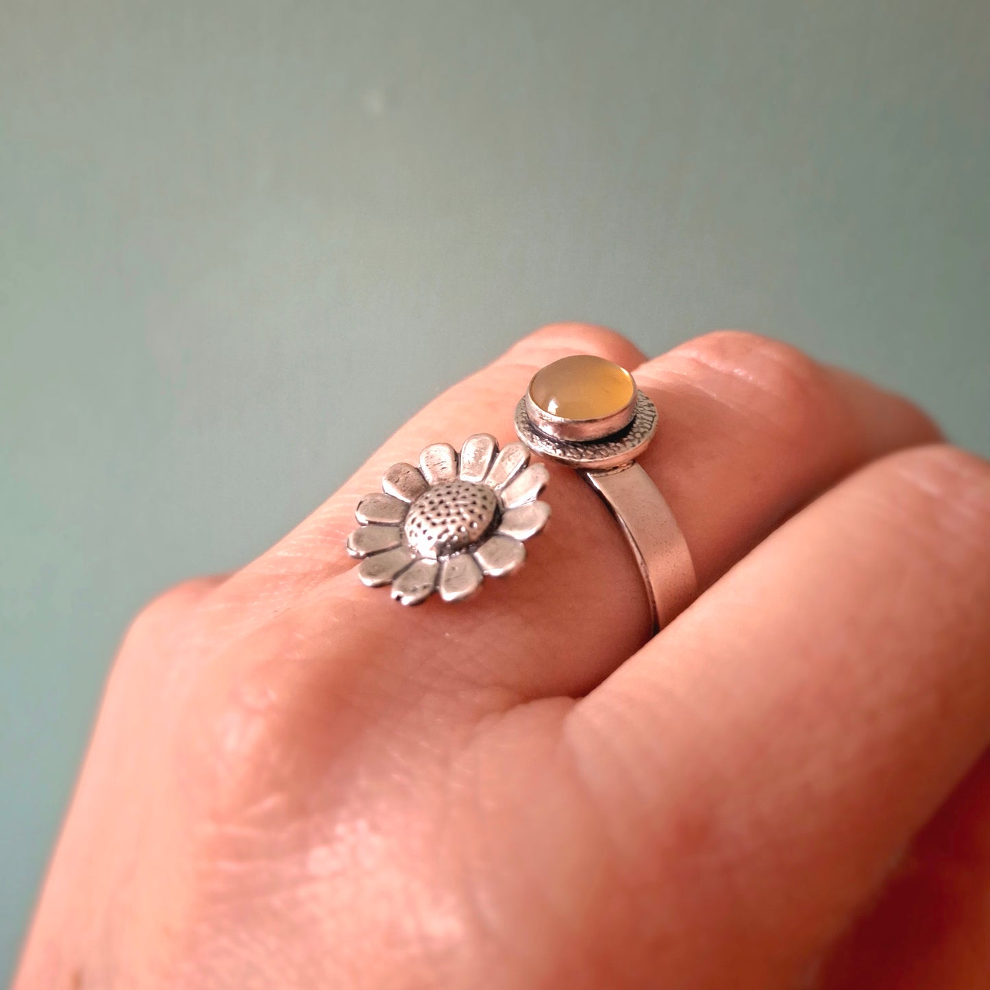 Daisy Statement Ring with yellow opalite, Open Adjustable