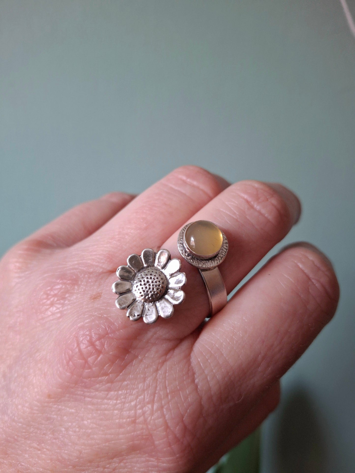 Daisy Statement Ring with yellow opalite, Open Adjustable