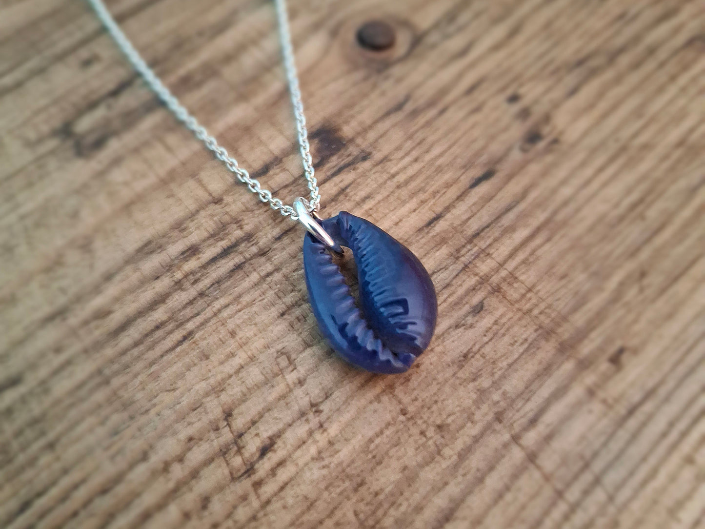 Cowrie Shell Silver Necklace - Dark Blue