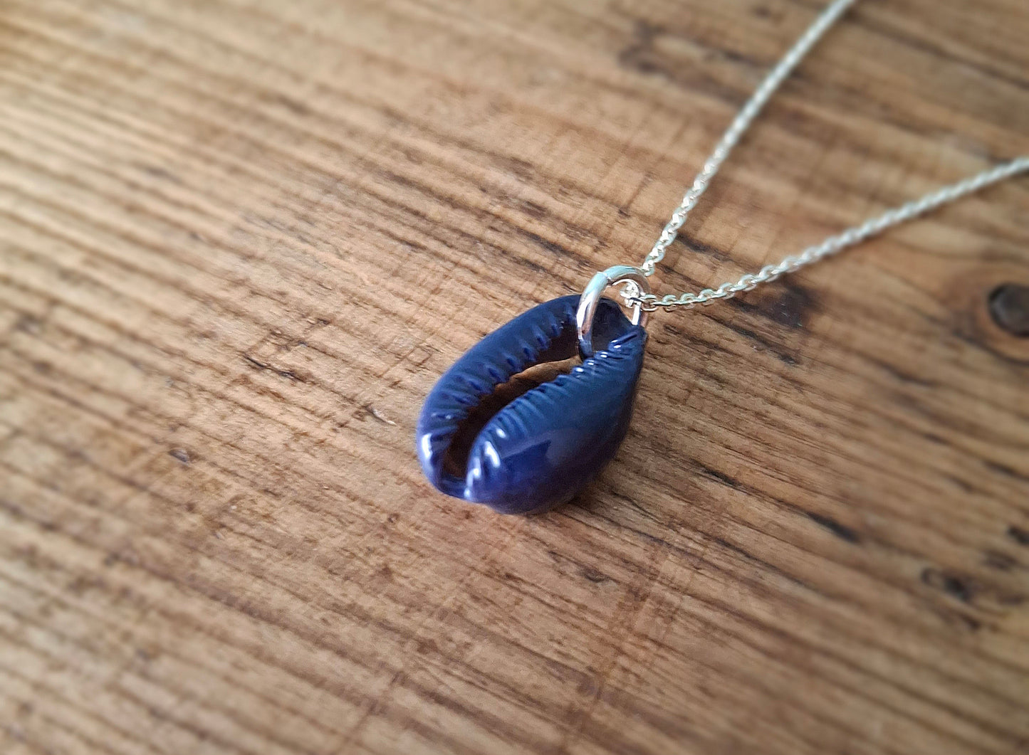 Cowrie Shell Silver Necklace - Dark Blue