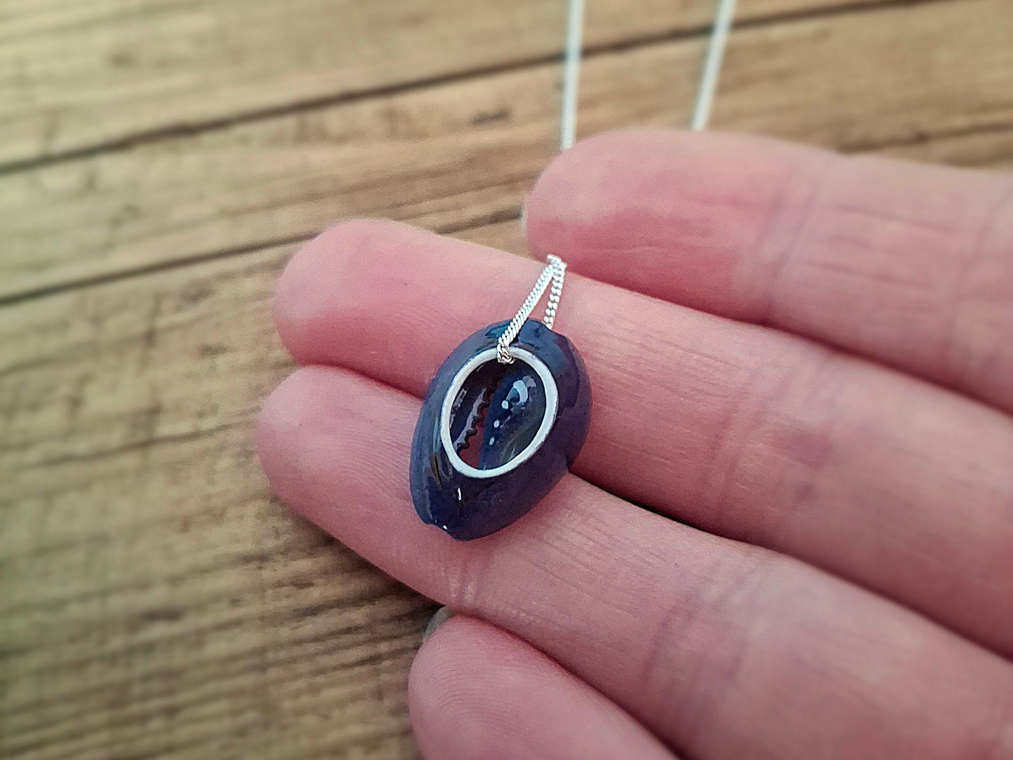 Simple Cowrie Shell Silver Necklace - Dark Blue