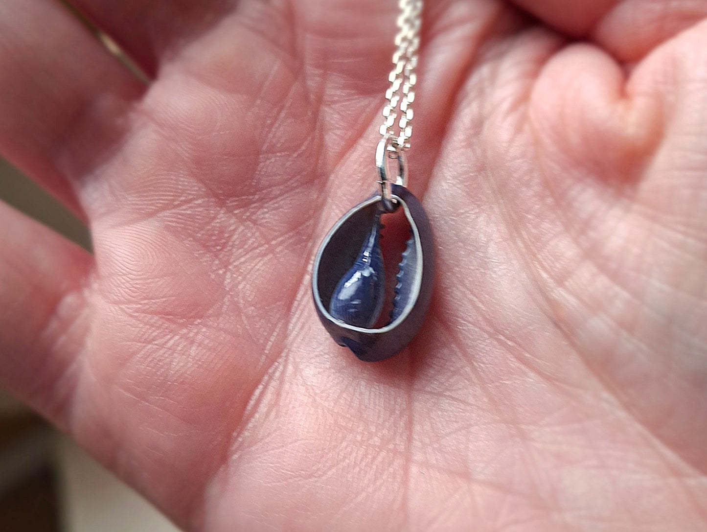 Cowrie Shell Silver Necklace - Dark Blue