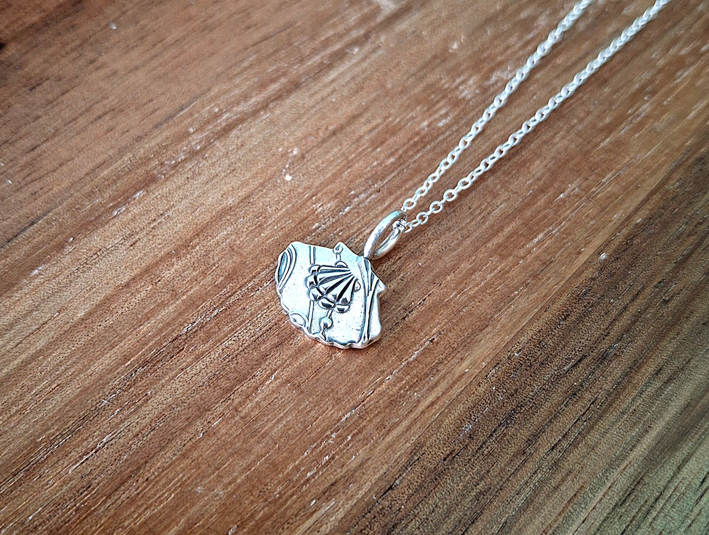 Silver Scallop Shell Charm Necklace with Shell Pattern