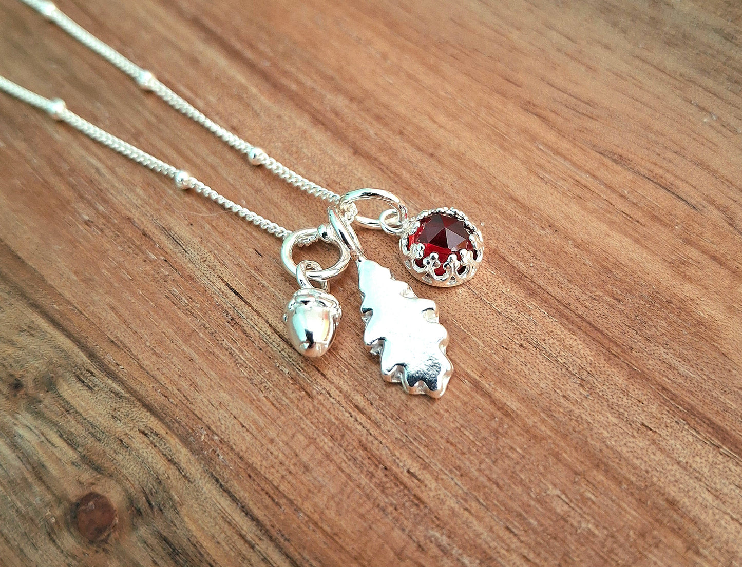 Small Oak Leaf, Acorn & Garnet Silver Necklace