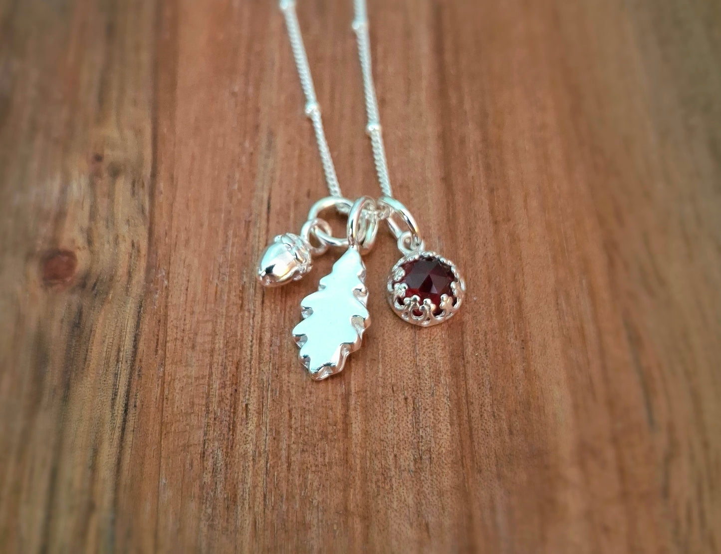 Small Oak Leaf, Acorn & Garnet Silver Necklace