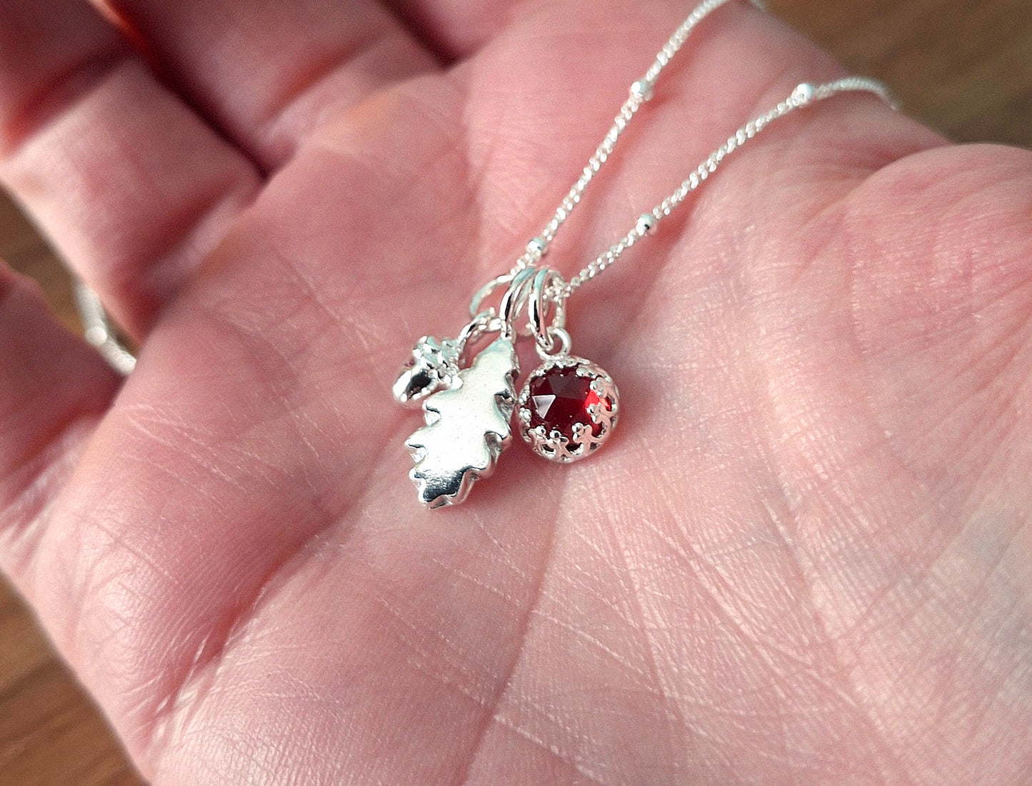 Small Oak Leaf, Acorn & Garnet Silver Necklace