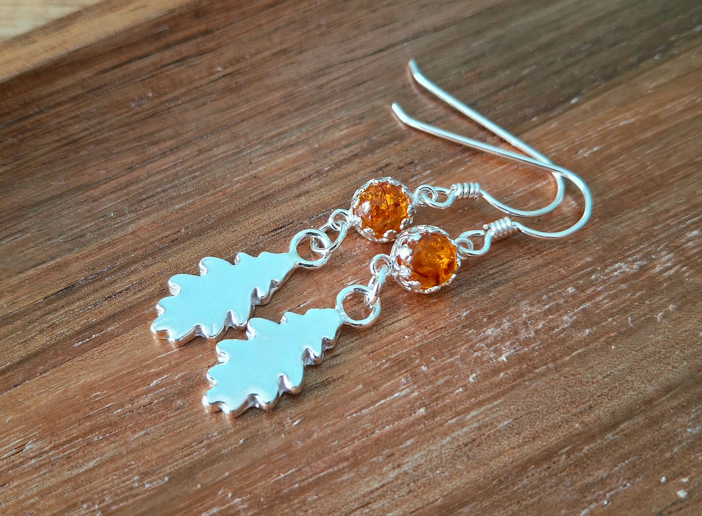 Silver Oak Leaves Earrings with Amber - Large