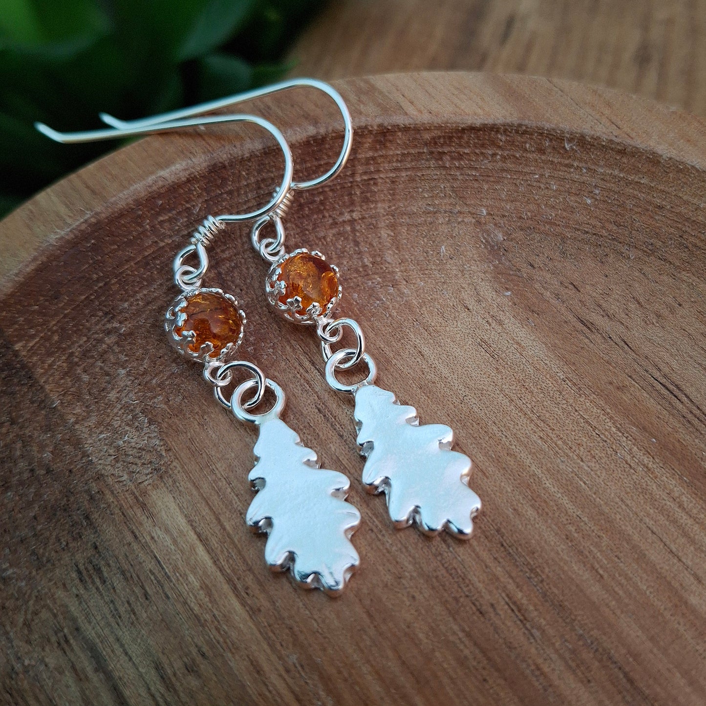 Silver Oak Leaves Earrings with Amber - Large