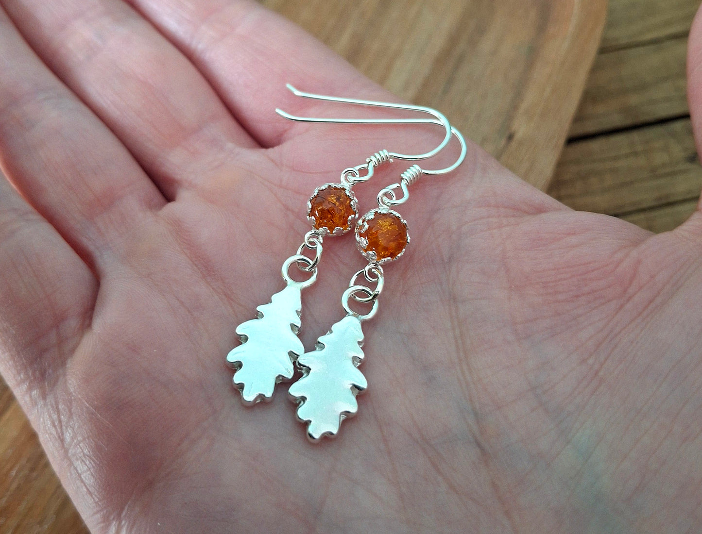 Silver Oak Leaves Earrings with Amber - Large