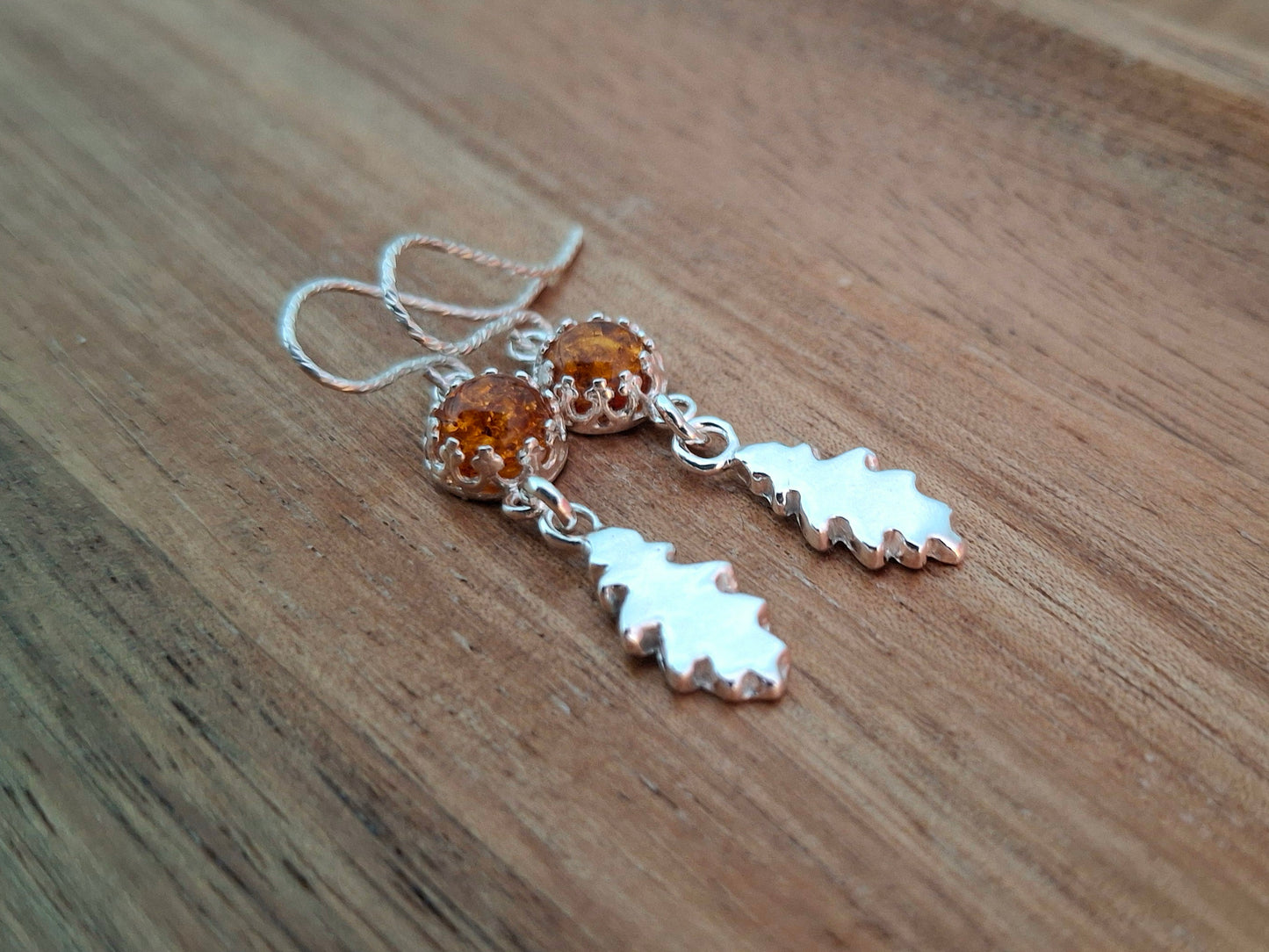 Silver Oak Leaves Earrings with Amber - Small