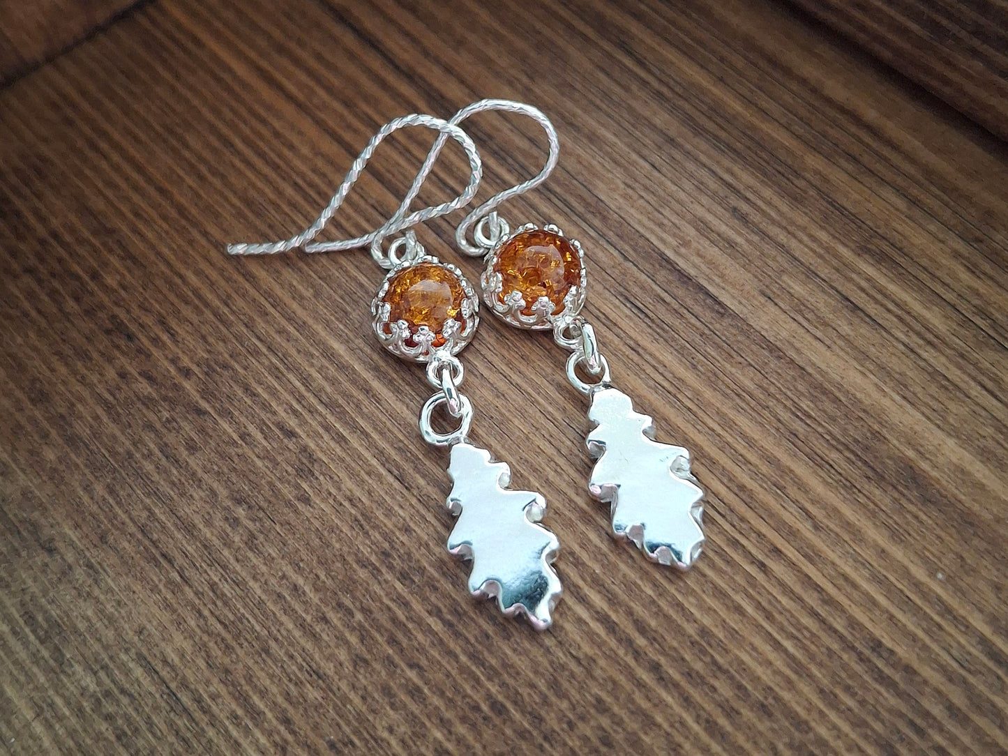 Silver Oak Leaves Earrings with Amber - Small