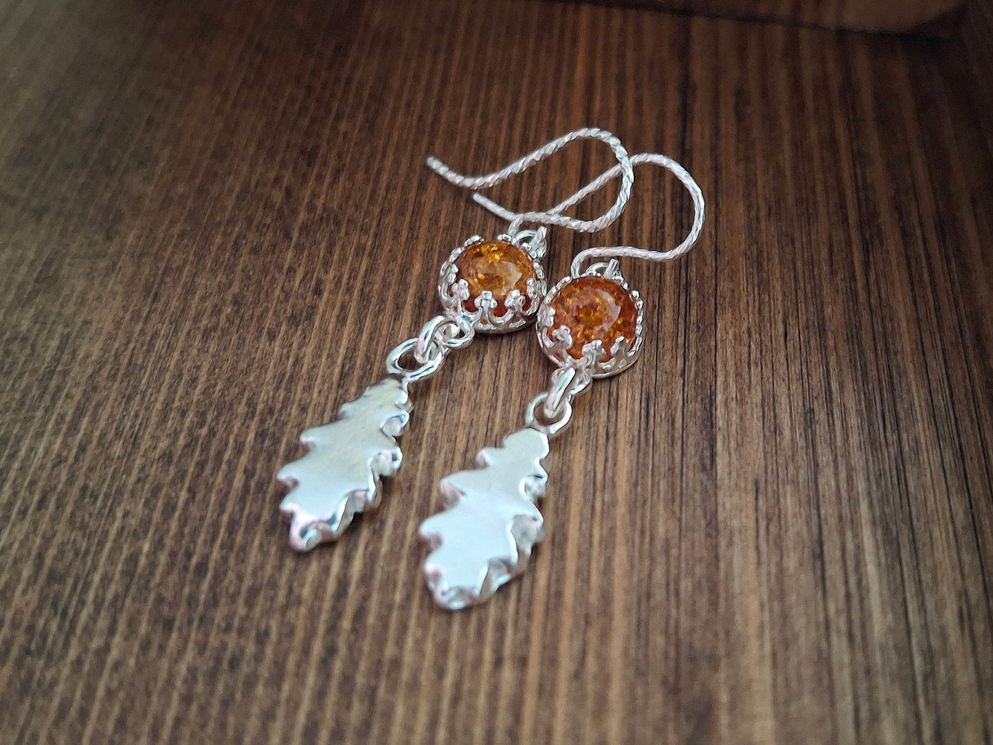 Silver Oak Leaves Earrings with Amber - Small