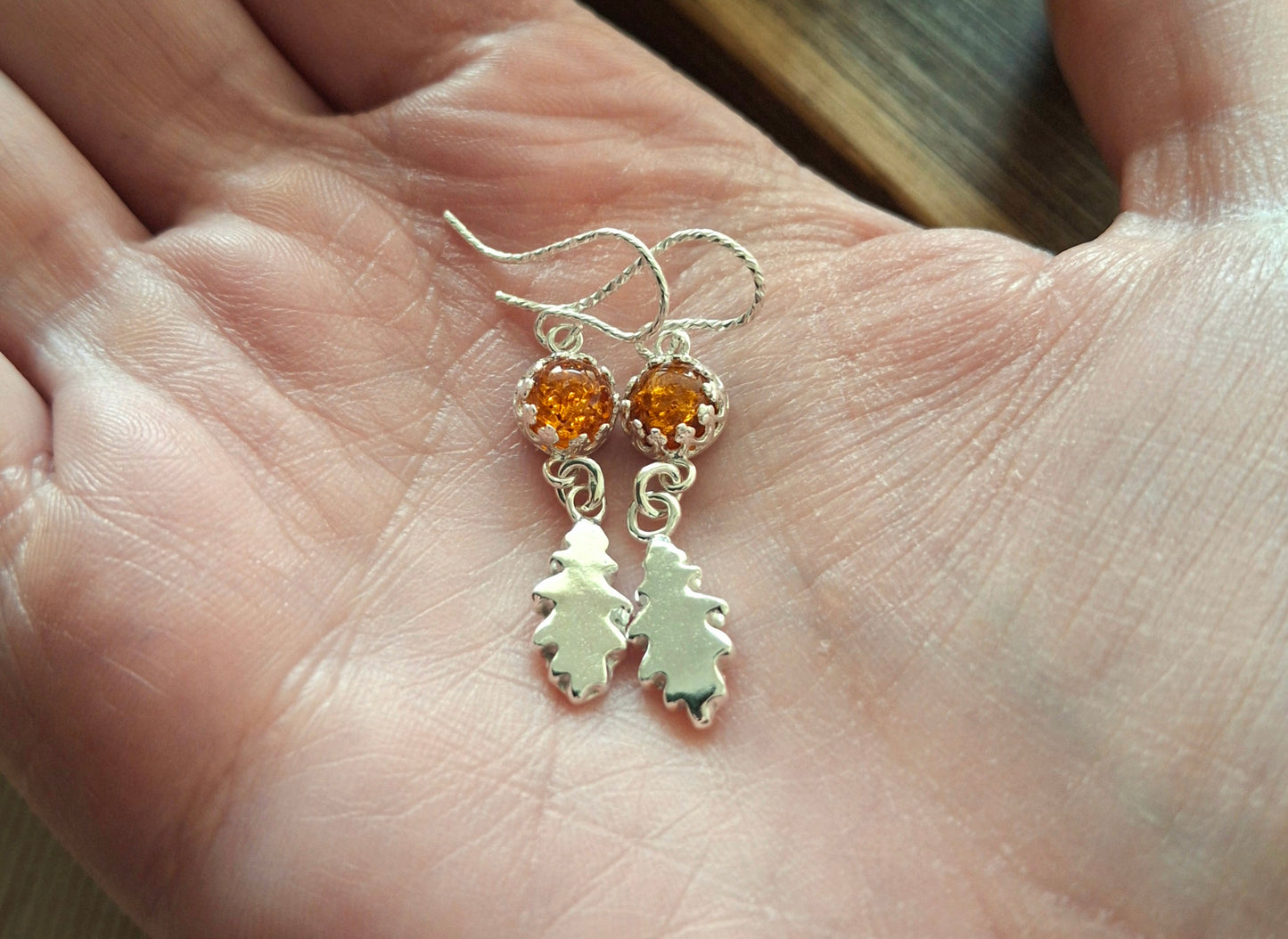 Silver Oak Leaves Earrings with Amber - Small