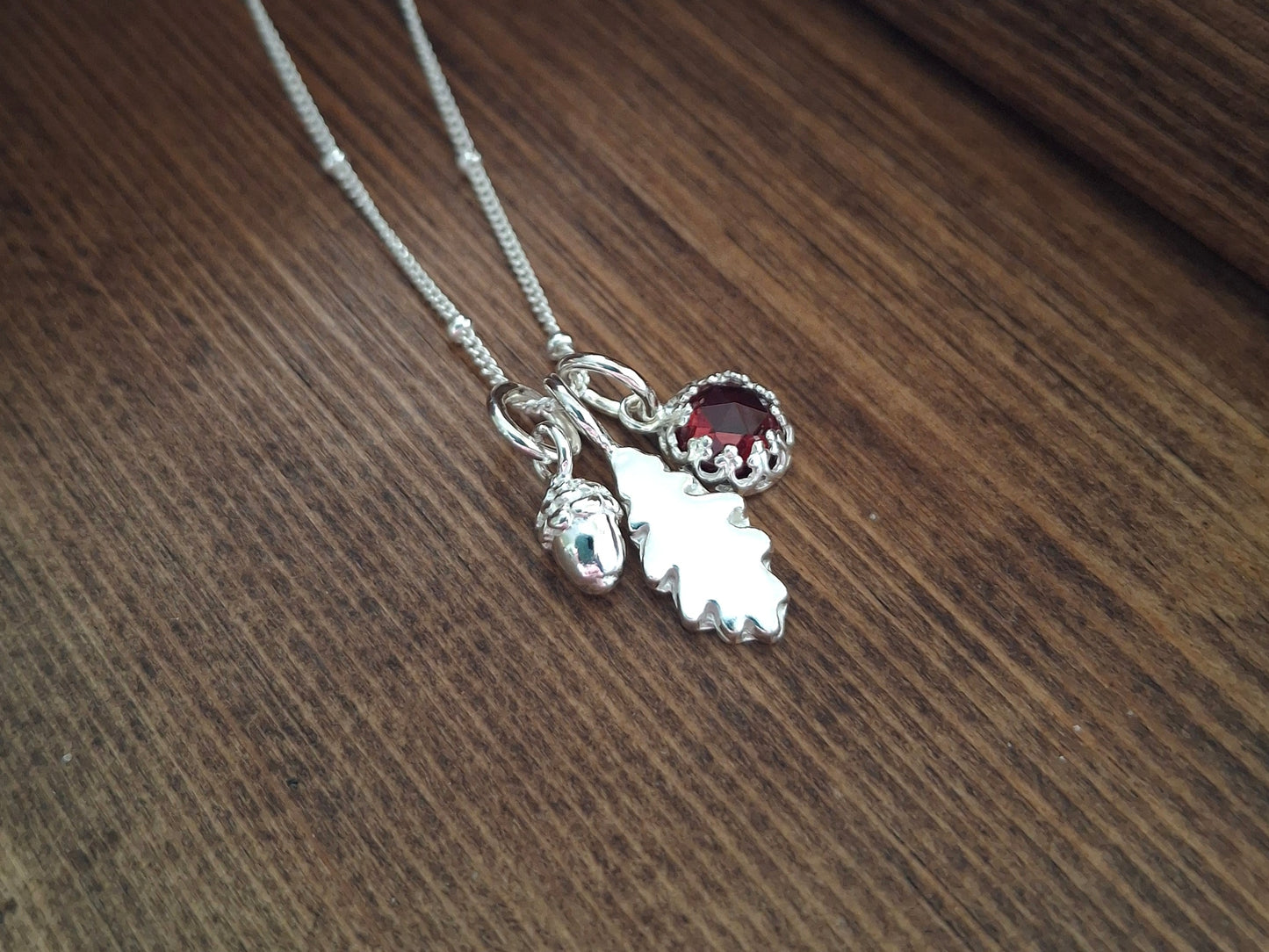 Small Oak Leaf, Acorn & Garnet Silver Necklace