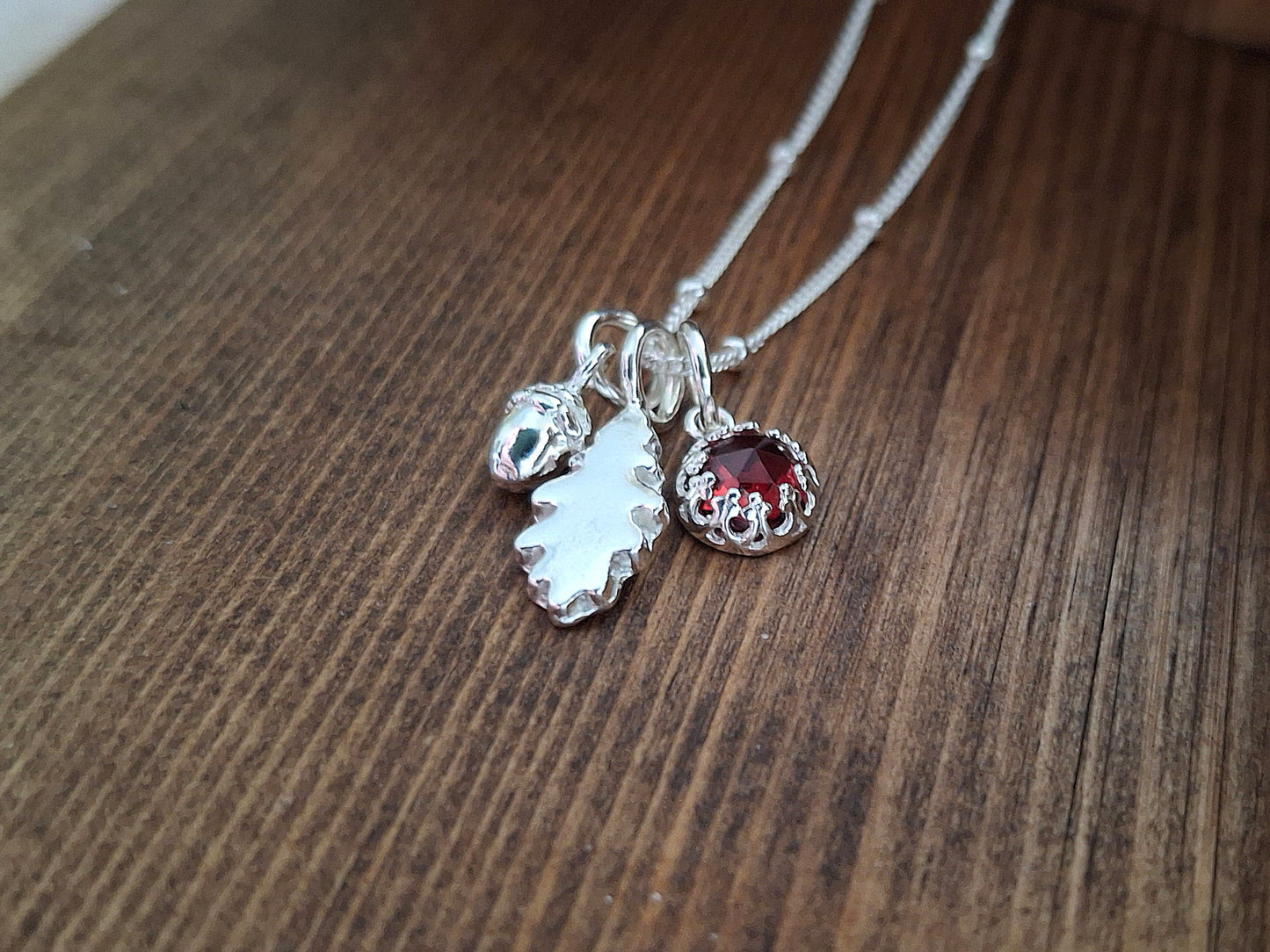 Small Oak Leaf, Acorn & Garnet Silver Necklace